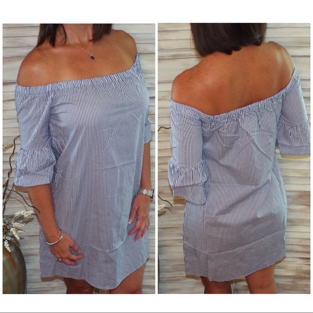 Off Shoulder Pin Striped Dress Blue White 1418 - Picture 4 of 8